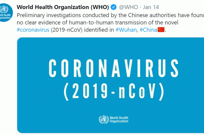 WHO Claimed on January 14 that coronavirus could not be transmitted to humans because Chinese authorities found no clear evidence