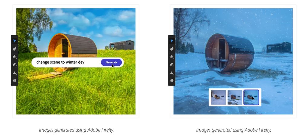 Adobe Firefly changing a summer scene to a winter scene.Adobe 