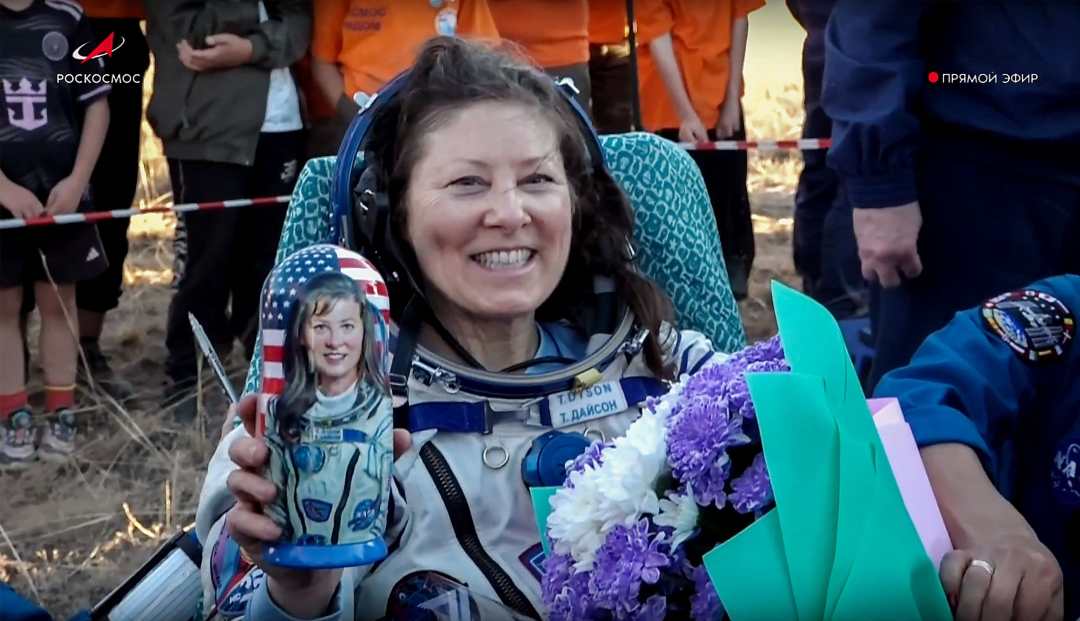 NASA astronaut Tracy Dyson holds a Matryoshka doll made in her likeness