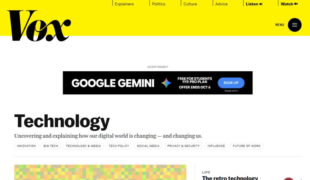 Recode homepage screenshot – Vox Media tech news site 2025