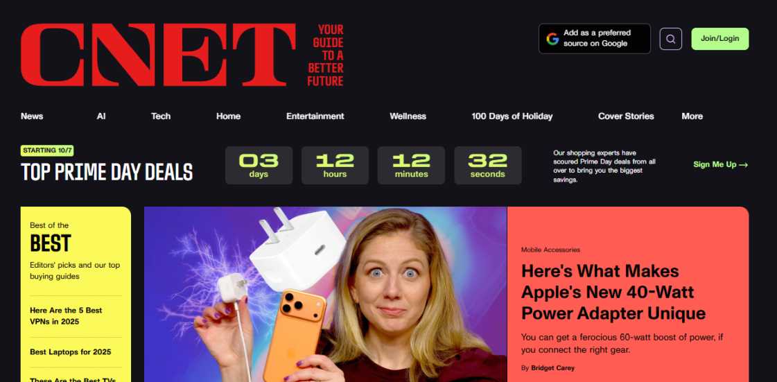 CNET homepage screenshot – consumer tech reviews and news site 2025