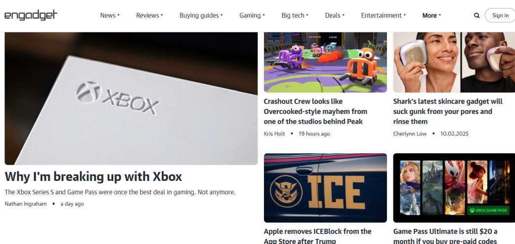 Engadget homepage screenshot – consumer electronics tech news site 2025