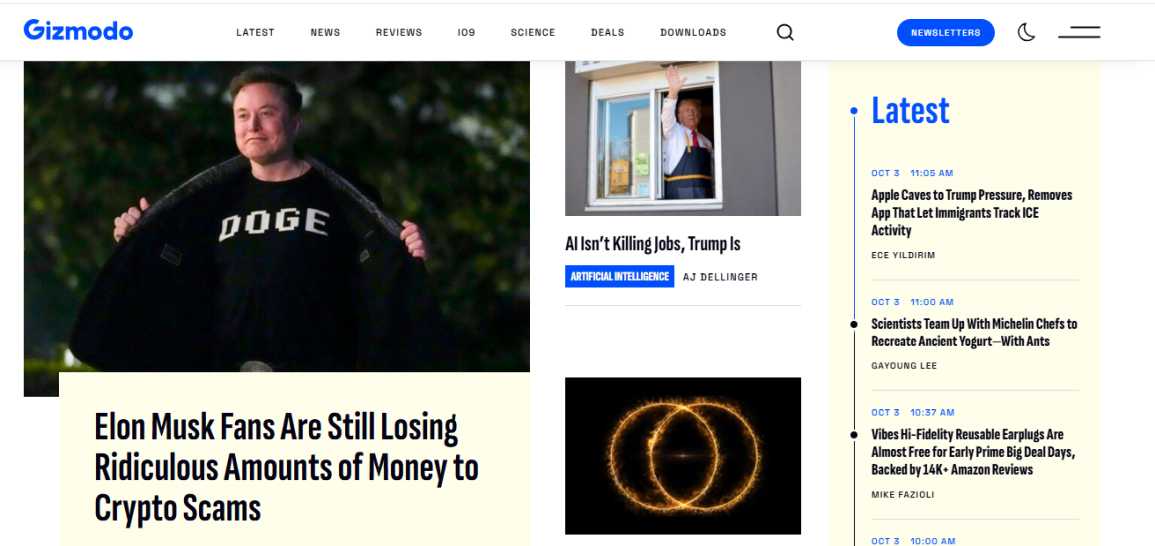 Gizmodo homepage screenshot – gadgets, science, and tech news site 2025