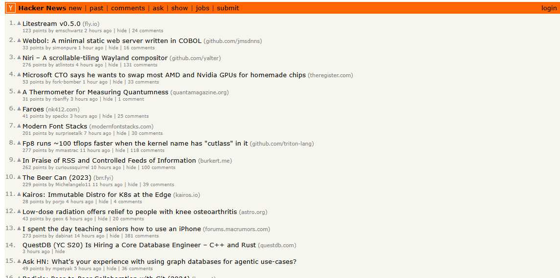Hacker News front page screenshot – community-driven tech news site 2025