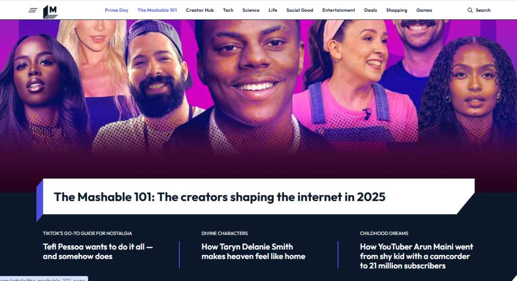 Mashable homepage screenshot – digital culture and tech news site 2025