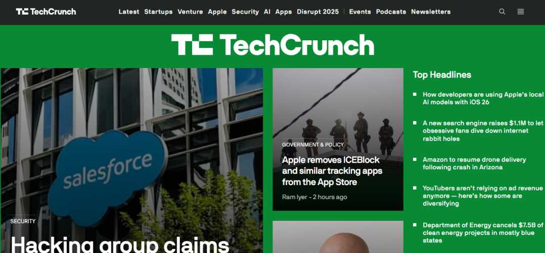 TechCrunch homepage screenshot – startup and tech news site 2025