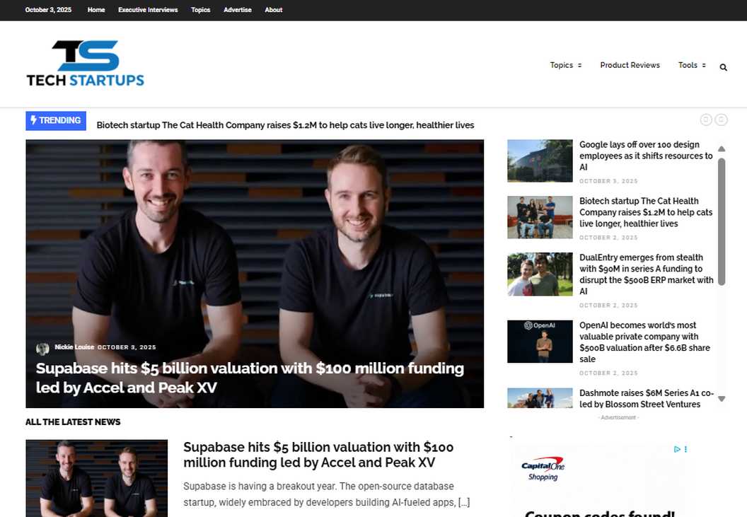 TechStartups homepage screenshot – startup funding news site 2025