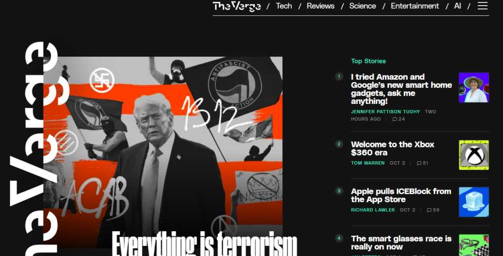 The Verge homepage screenshot – tech reviews and news site 2025