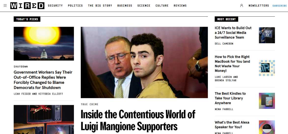 Wired homepage screenshot – tech news site 2025