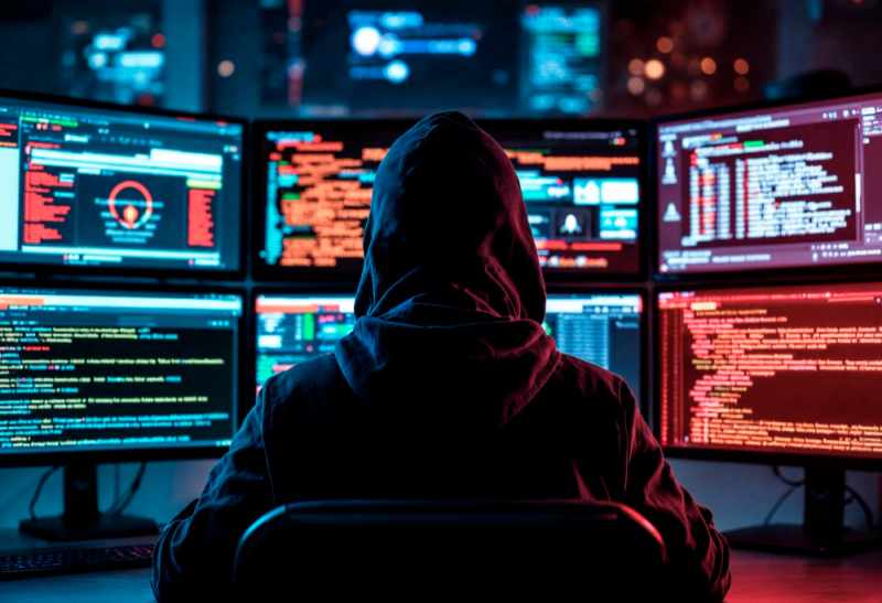 : hacker working on computer system with multiple screens