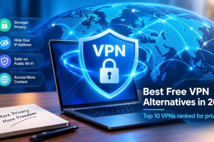 Best free VPN alternatives in 2026 illustrated by a VPN security shield, padlock, and global network