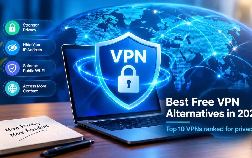 Best free VPN alternatives in 2026 illustrated by a VPN security shield, padlock, and global network